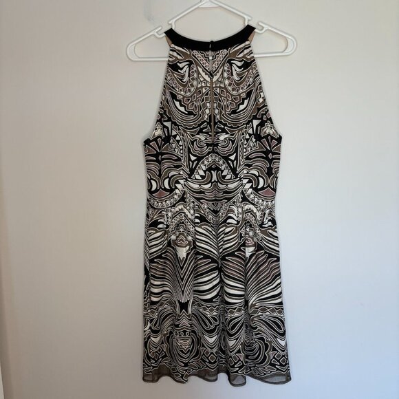 BCBG MAXARIA Cailyn Cocktail Halter Dress Womens 8 Black Brown Cream Mesh Knee - Picture 3 of 5